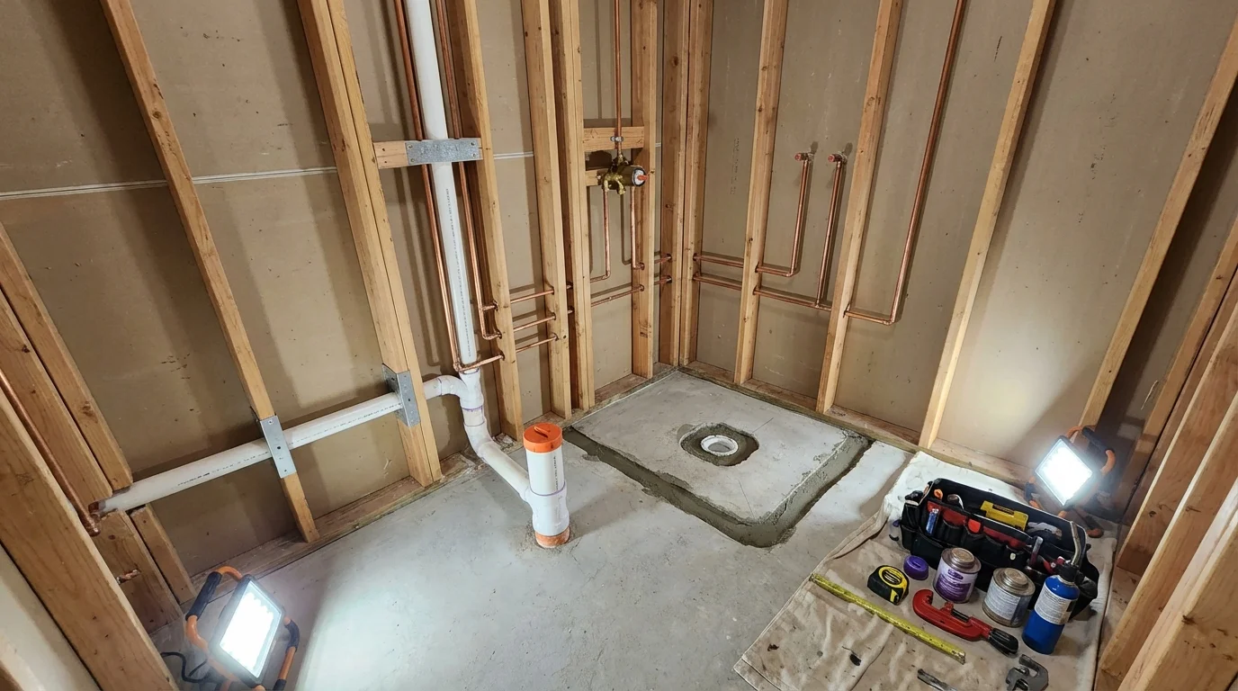 Bathroom rough-in plumbing during remodel by Johns Plumbing LLC in Farmersville