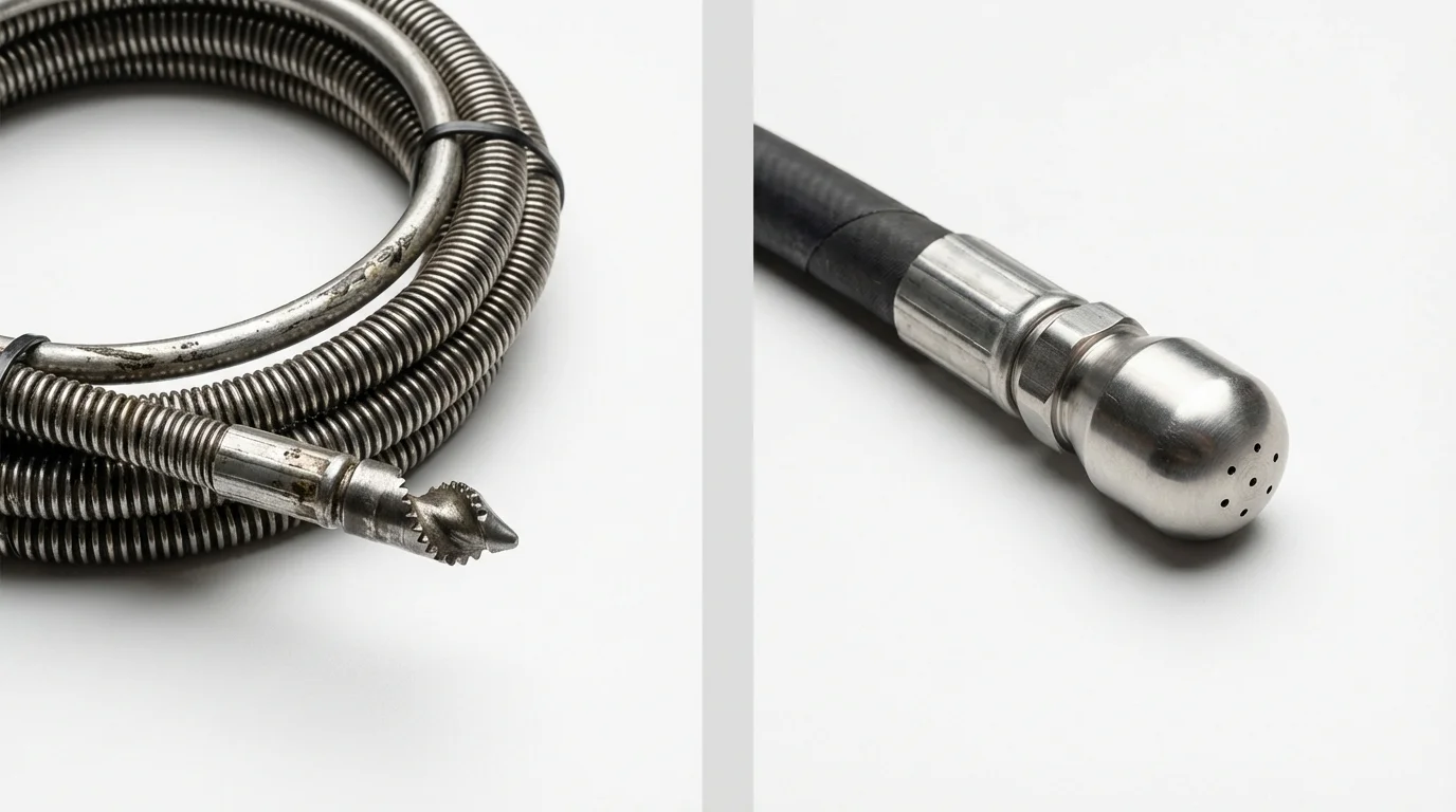Drain snake cable and hydro jetting nozzle used for drain cleaning in Farmersville, TX