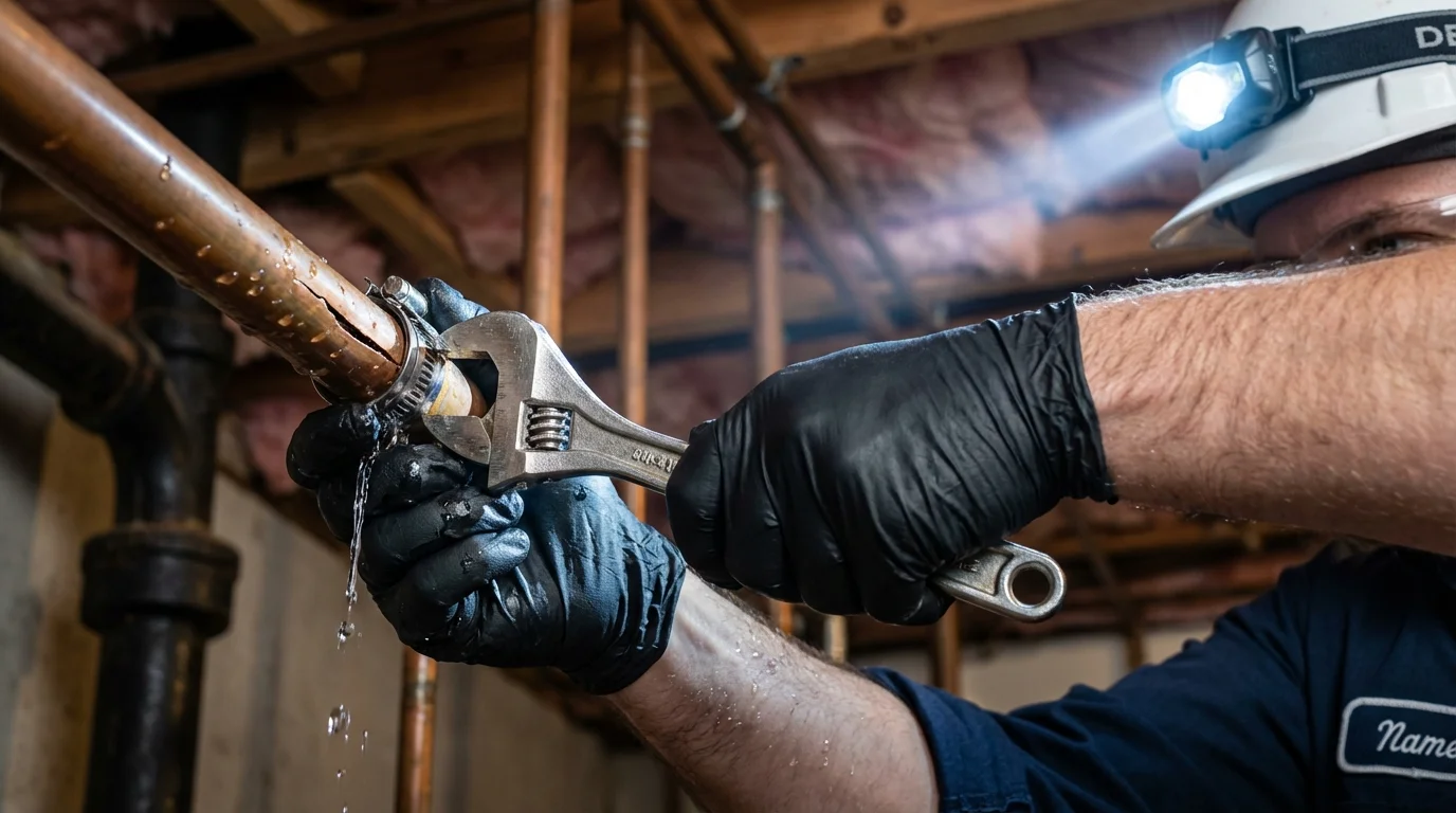 Emergency pipe clamp repair being performed by a Johns Plumbing LLC plumber in Farmersville