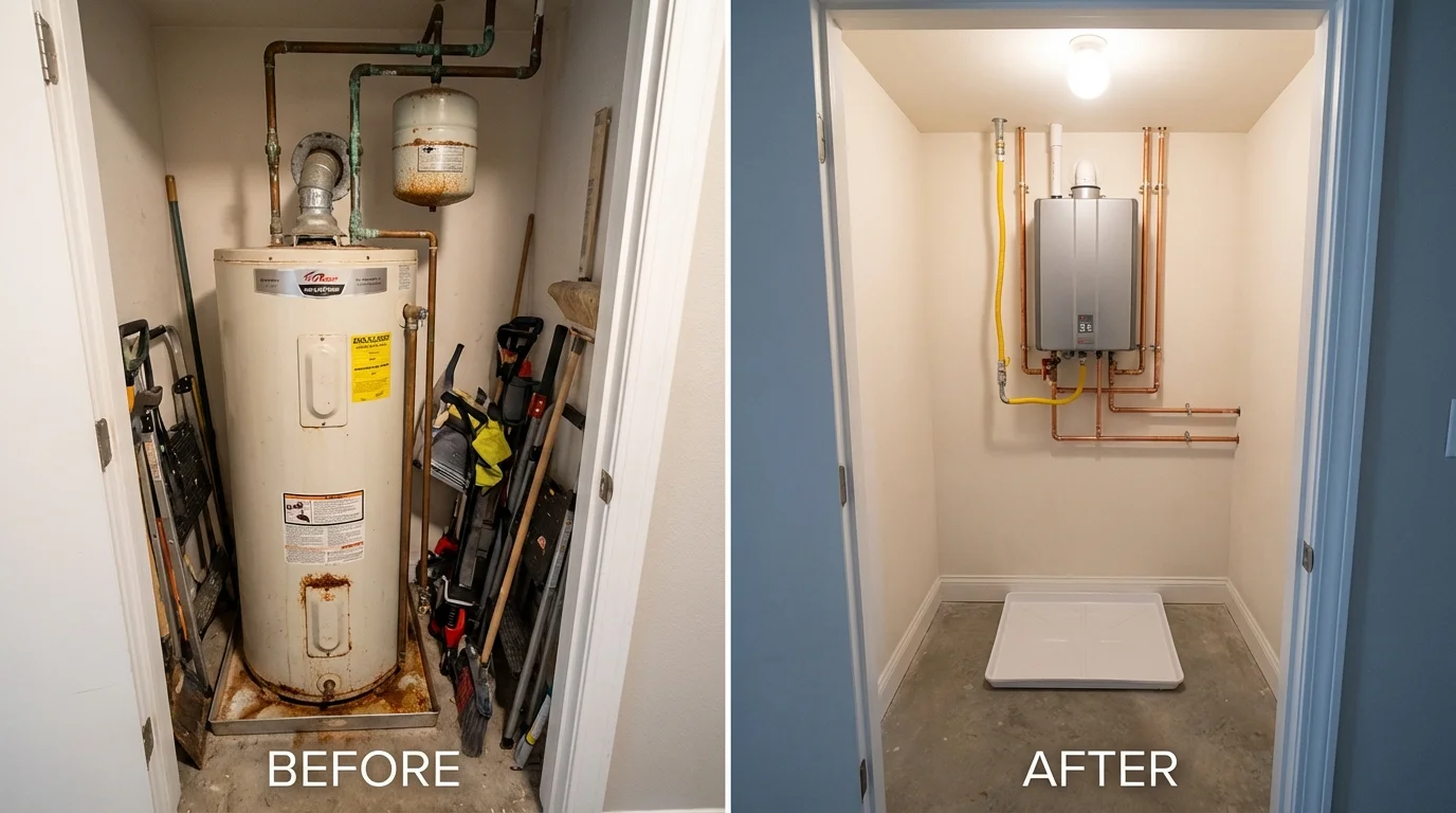 Tank water heater versus wall-mounted tankless unit comparison for Farmersville, TX homeowners