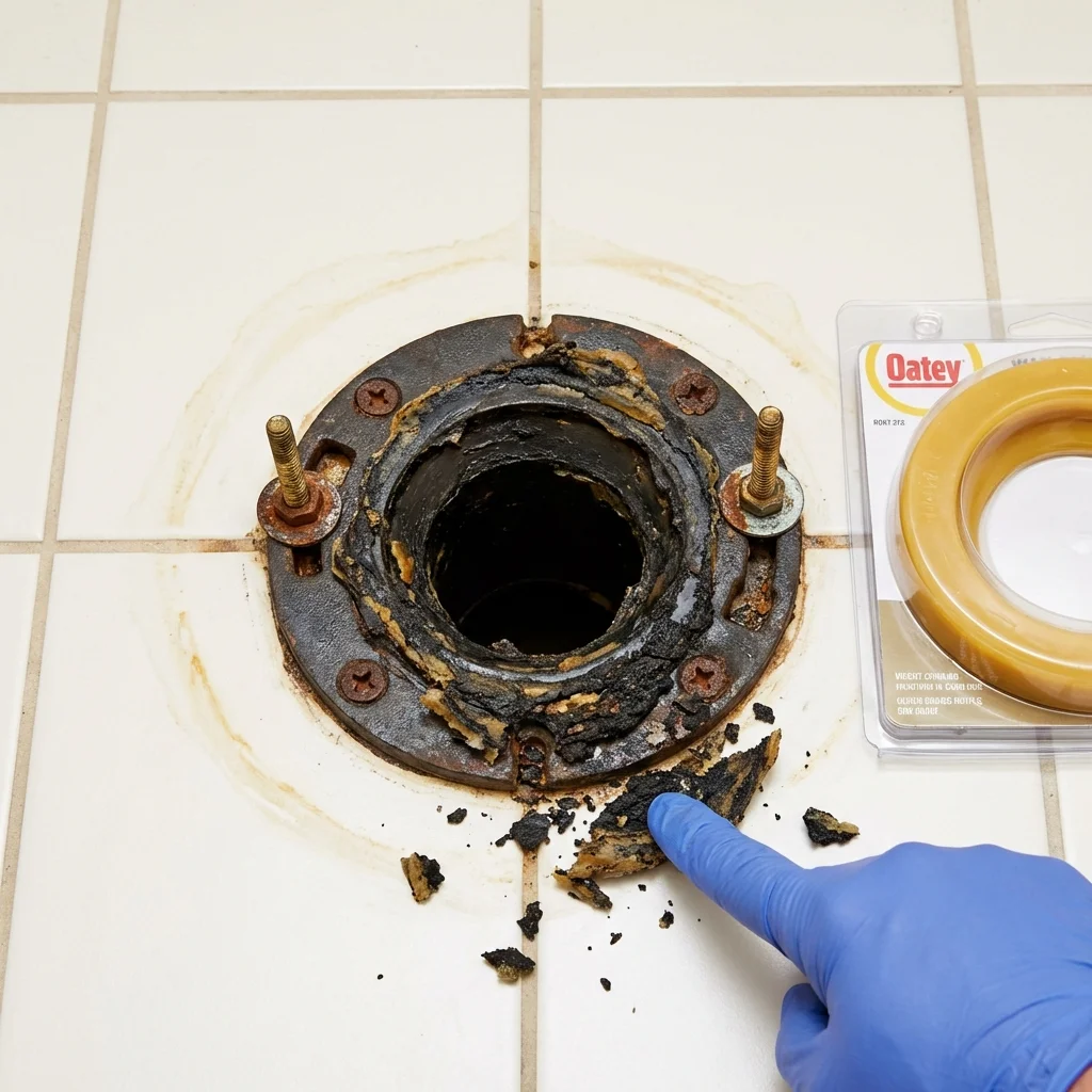 Failed wax ring showing water seepage at the base of a toilet in a Farmersville, TX home