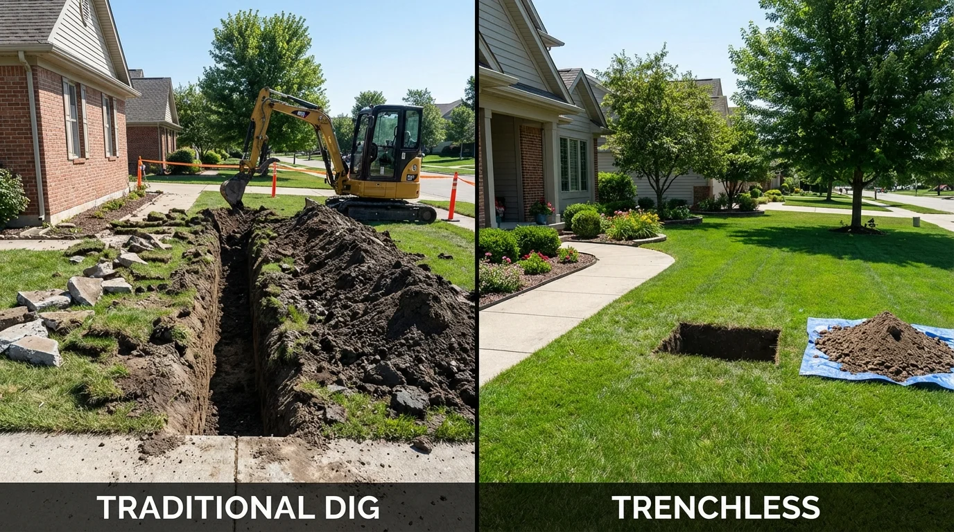 Trenchless sewer repair with minimal yard damage versus traditional excavation in Farmersville, TX