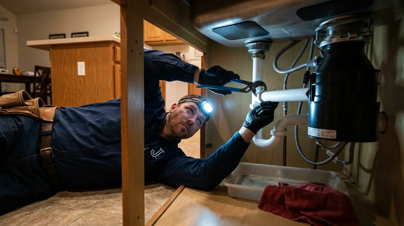 P-trap and supply line connections under a kitchen sink showing a common leak point in Farmersville, TX